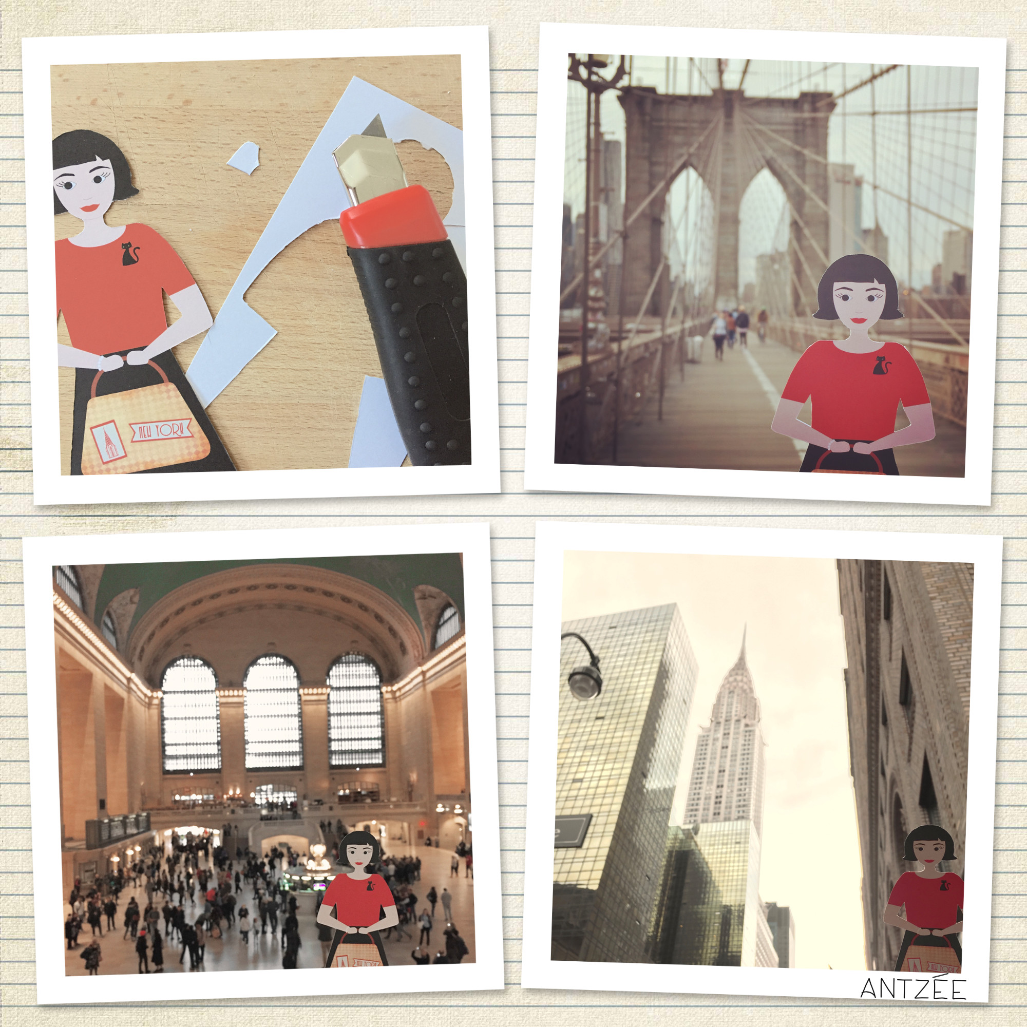 Photo collage with four photos placed on a sheet of vintage-looking ruled paper. The photos have white edges. The motif show a paper version of the Amélie map marker, about 15 cm tall. One of them is from when it was cut out, the three others are of the figure 'standing' at Brooklyn Brigde, Central Station,  and Chrysler Building.