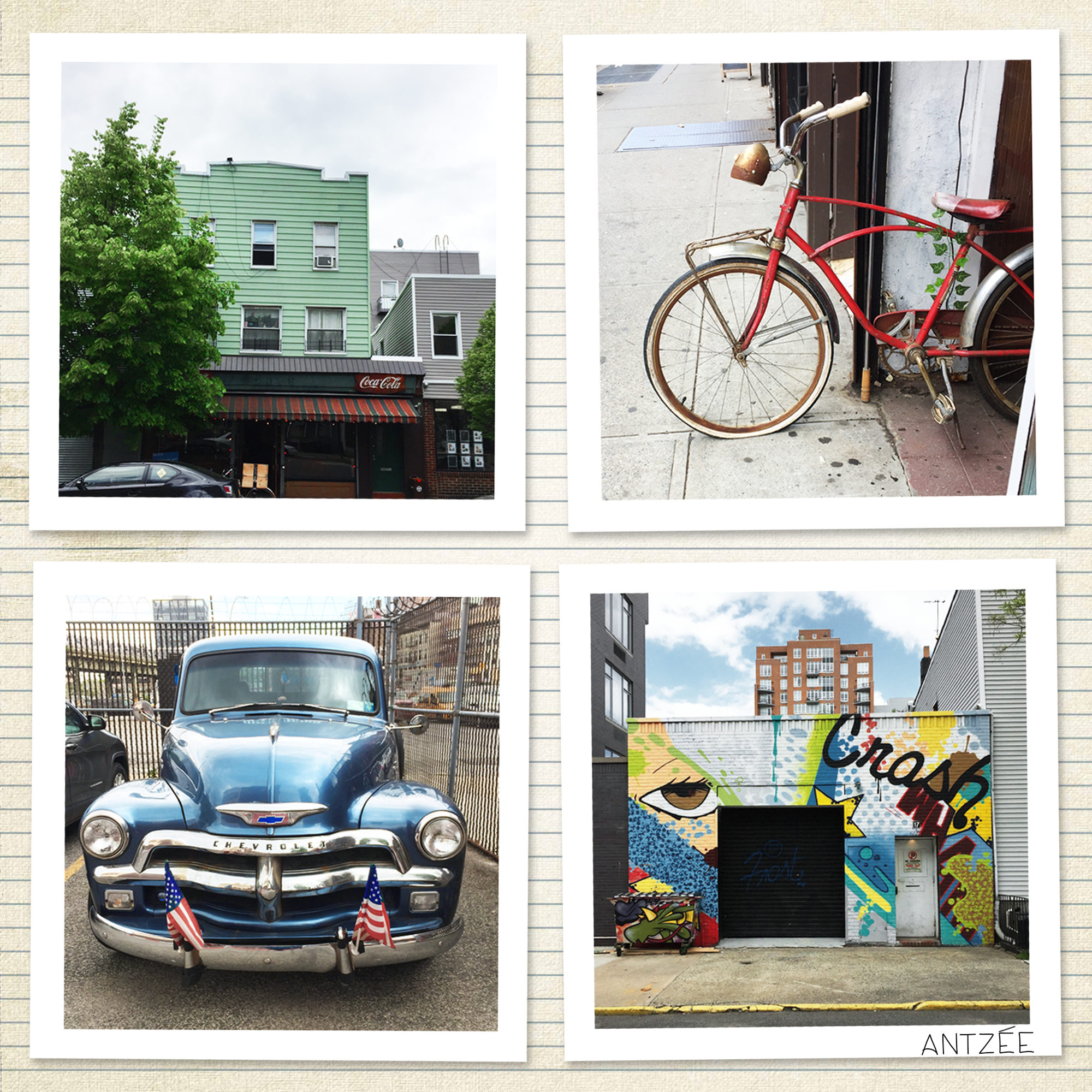 Photo collage with four photos placed on a sheet of vintage-looking ruled paper. The photos have white edges. The motif is of different street views: a green wooden house — a red old bike with rusty wheels — the front of an old shiny dark blue Chevrolet with two small US flags on the bumper — a garage covered in a colourful painting and the word 'crash'.