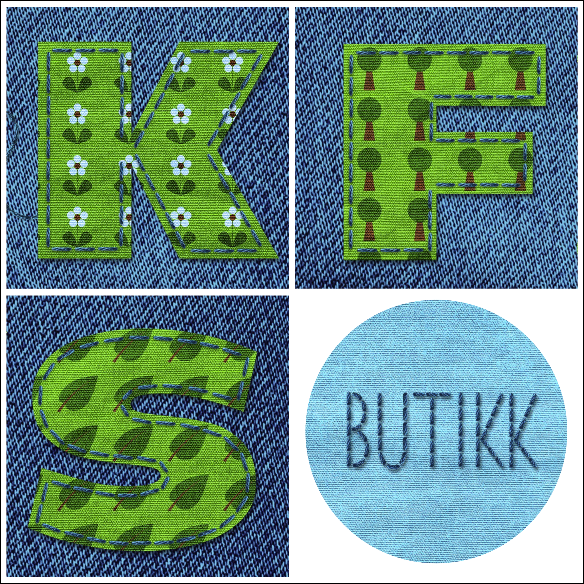 Patterned fabric and embroidered letters on fabric background.